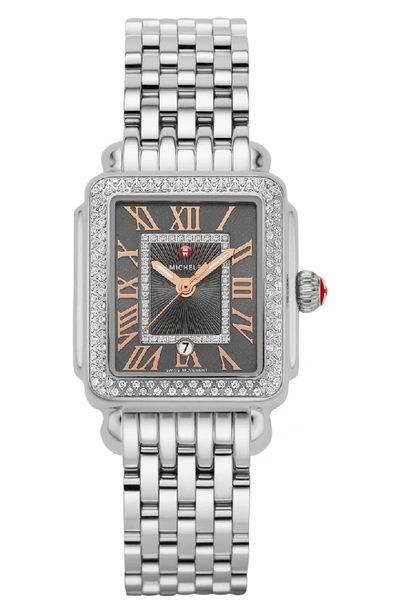 Shop Michele Deco Madison Mid Diamond Dial Watch Head, 29mm X 31mm In Silver/ Shadow Grey