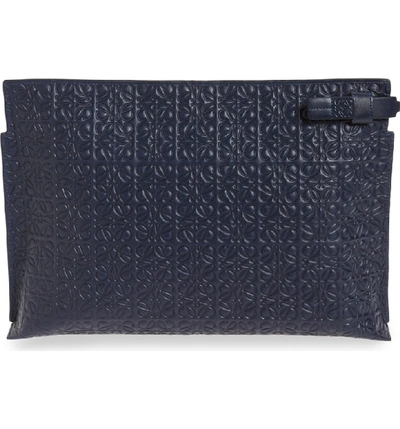 Shop Loewe Large Logo Embossed Calfskin Leather Pouch In Navy Blue