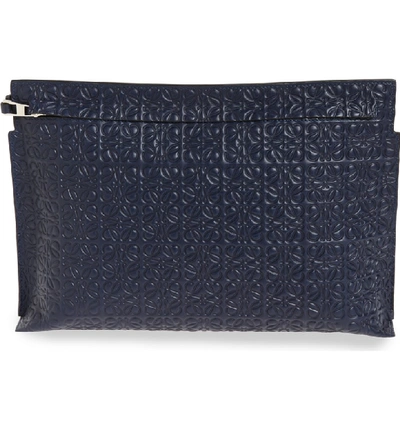 Shop Loewe Large Logo Embossed Calfskin Leather Pouch In Navy Blue