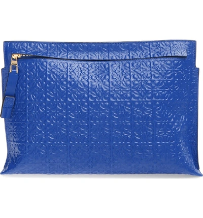 Shop Loewe Large Logo Embossed Calfskin Leather Pouch - Blue In Electric Blue