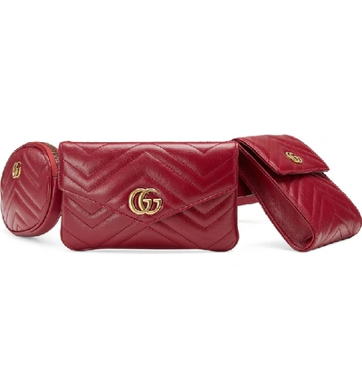 Shop Gucci Gg Marmont 2.0 Matelasse Triple Pouch Leather Belt Bag - Red In Cerise/ Cerise
