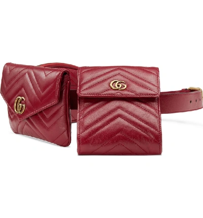 Shop Gucci Gg Marmont 2.0 Matelasse Triple Pouch Leather Belt Bag - Red In Cerise/ Cerise