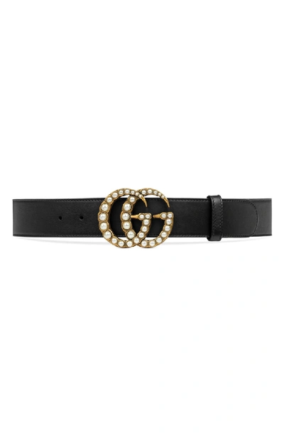 Shop Gucci Imitation Pearl Double-g Leather Belt In Dlx1t 9094 Nero/cream