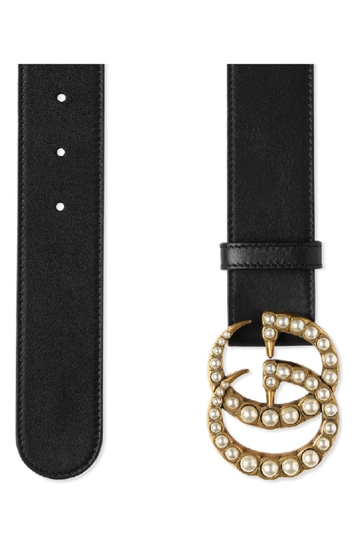 Shop Gucci Imitation Pearl Double-g Leather Belt In Dlx1t 9094 Nero/cream