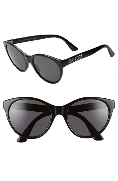 Shop Gucci 54mm Round Cat Eye Sunglasses - Black/ Crystal/ Solid Grey