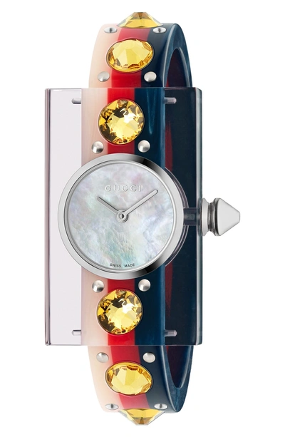 Shop Gucci Vintage Web Bangle Watch, 24mm X 40mm In Blue/ Red/ Mop/ Silver