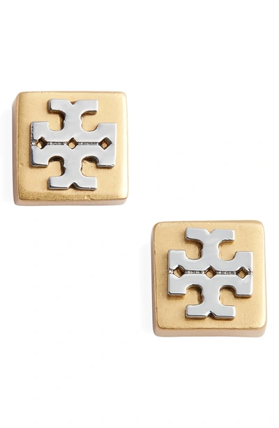 Shop Tory Burch Block-t Logo Stud Earrings In Tory Gold/ Silver