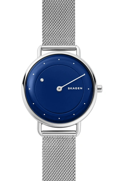 Shop Skagen Horisont Diamond Mesh Strap Watch, 36mm In Silver/ Blue/ Silver