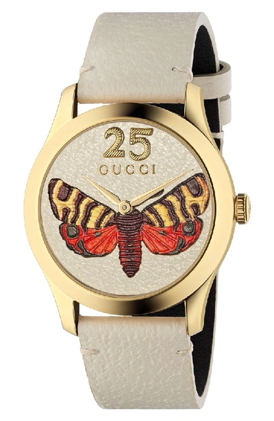 Shop Gucci G-timeless Leather Strap Watch, 37mm In White/ Gold