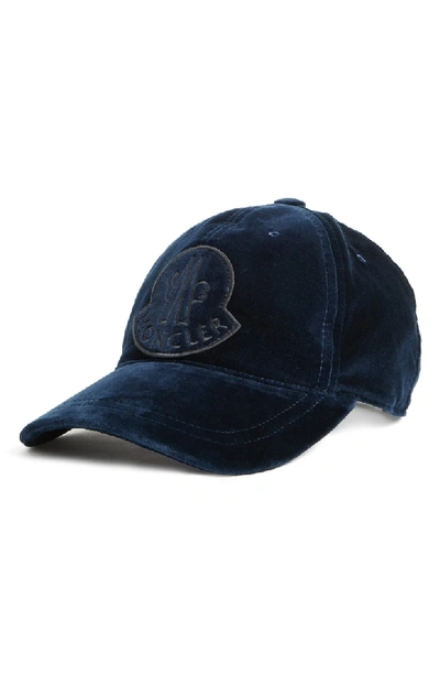 Shop Moncler Logo Velvet Cap - Blue In Navy