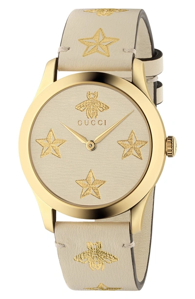 Shop Gucci G-timeless Leather Strap Watch, 38mm In White/ Gold