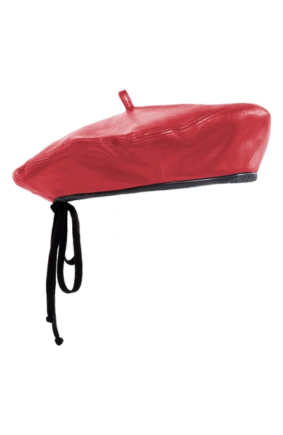 Shop Eric Javits Kate Leather Beret In Red/ Black