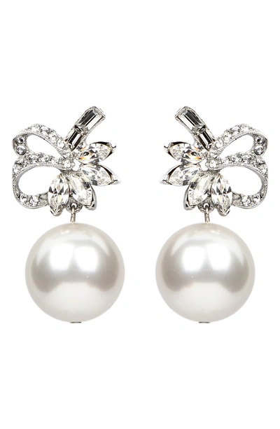Shop Ben-amun Deco Ribbon Crystal & Imitation Pearl Drop Earrings In Silver/ Beige