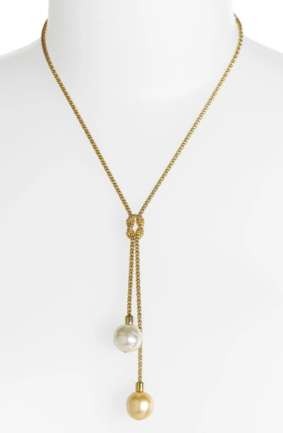 Shop Majorica 'love Knot' 14mm Pearl Lariat Necklace In Champagne/ Gold