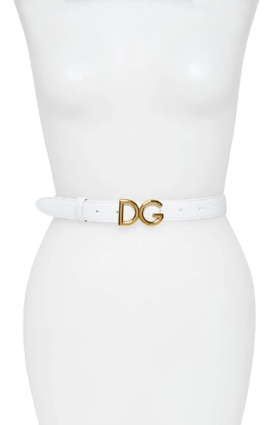 Shop Dolce & Gabbana Family Lux Metal Logo Buckle Leather Belt In Biano/ Ottone