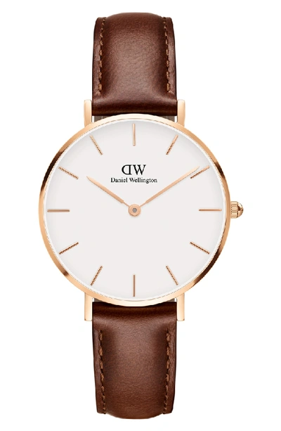 Shop Daniel Wellington Classic Petite Leather Strap Watch, 32mm In Brown/ White/ Rose Gold