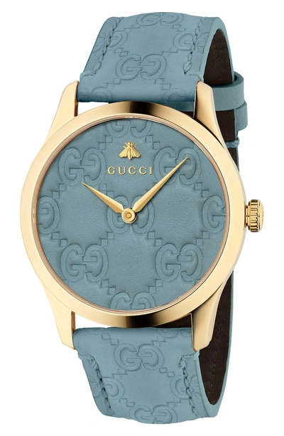 Shop Gucci G-timeless Logo Leather Strap Watch, 38mm In Blue/ Gold