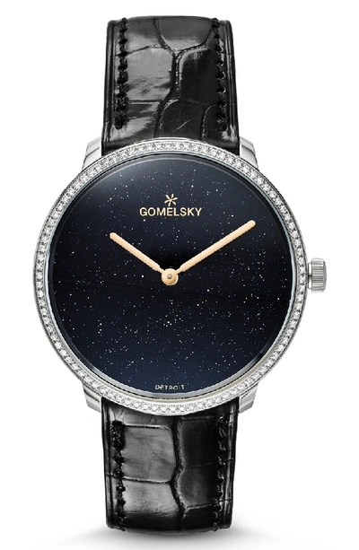 Shop Gomelsky The Lois Diamond Alligator Strap Watch, 36mm In Black/ Sandstone/ Silver