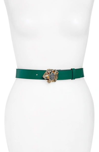 Shop Gucci Crystal Tiger Head Leather Belt In Emerald/multi