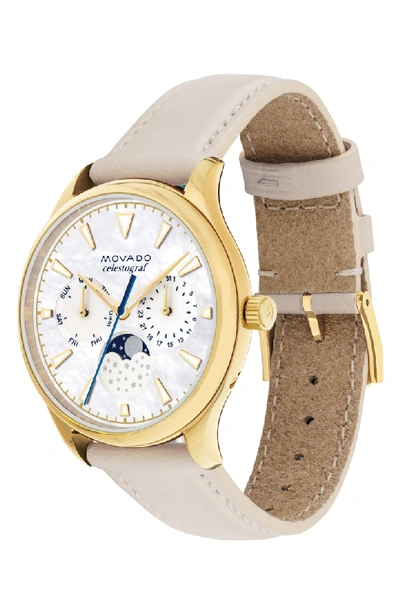 Shop Movado Heritage Celestograf Leather Strap Watch, 36mm In Beige/ White Mop/ Gold