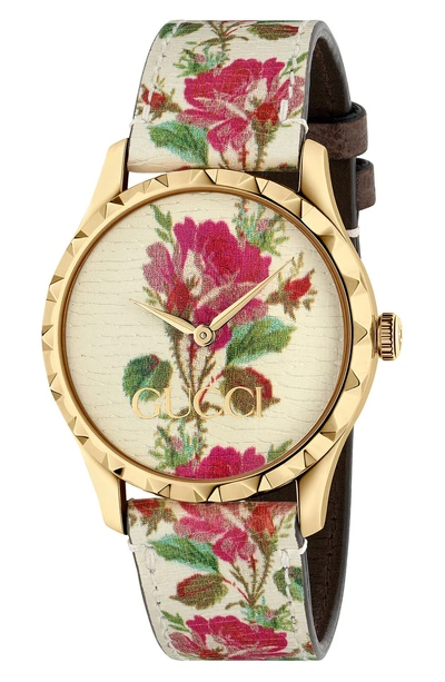 Shop Gucci G-timeless Print Leather Strap Watch, 38mm In White/ Floral/ Gold