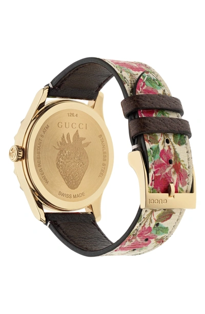 Shop Gucci G-timeless Print Leather Strap Watch, 38mm In White/ Floral/ Gold
