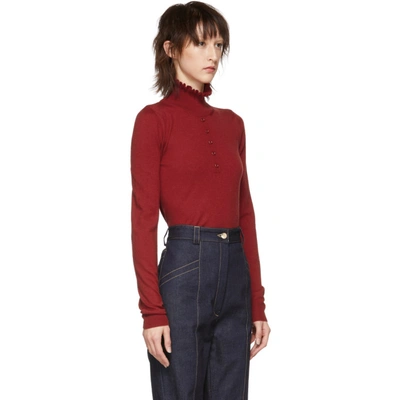 Shop Carven Red Button Frill Turtleneck In 343 Carmin