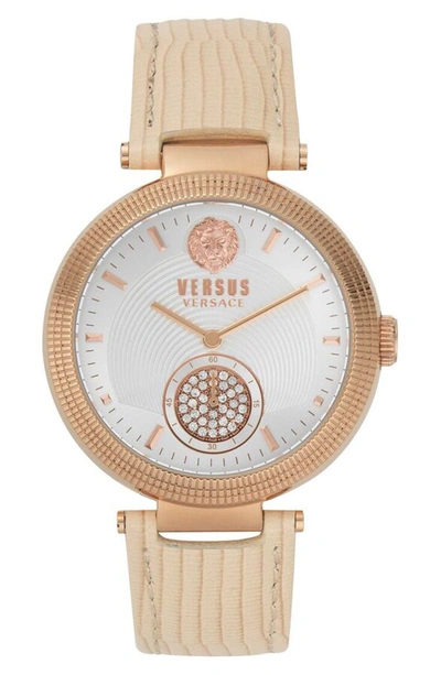 Shop Versace Star Ferry Leather Strap Watch, 38mm In Beige/ Silver/ Rose Gold