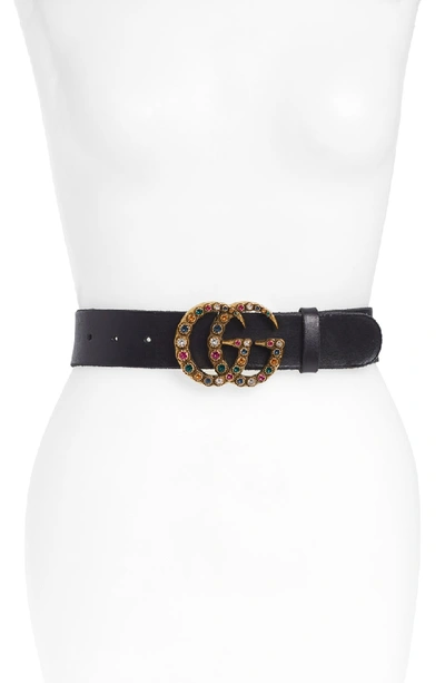 Shop Gucci Gg Crystal Buckle Leather Belt In Nero/ Multicolor
