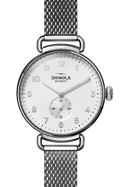 Shop Shinola The Canfield Mesh Strap Watch, 38mm In Silver/ Alabaster/ Silver