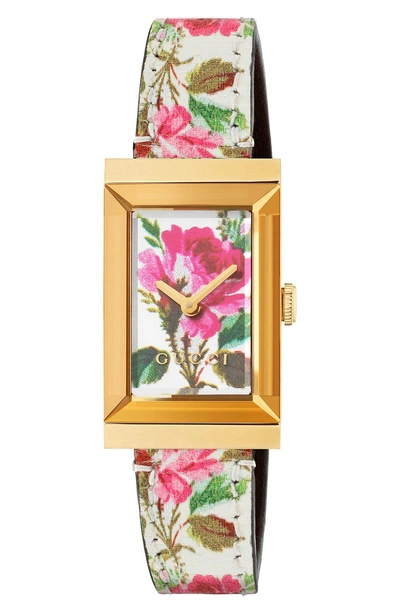 Shop Gucci G-frame Leather Strap Watch, 21mm X 34mm In White/ Floral/ Gold