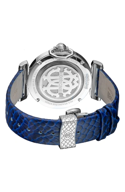 Shop Roberto Cavalli By Franck Muller Classic Leather Strap Watch, 38m In Blue/ Silver