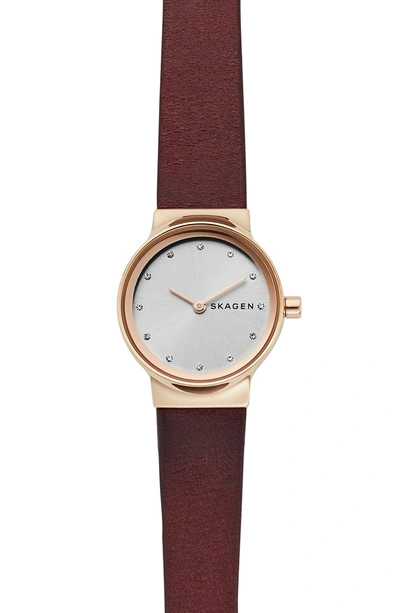 Shop Skagen Freja Crystal Accent Leather Strap Watch, 26mm In Red/ White/ Rose Gold