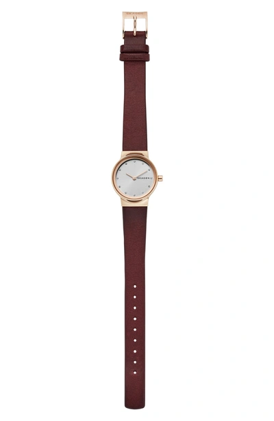 Shop Skagen Freja Crystal Accent Leather Strap Watch, 26mm In Red/ White/ Rose Gold