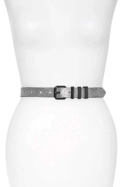 Shop Rebecca Minkoff Shimmer Metallic Leather Belt In Metallic Silver / Gunmetal