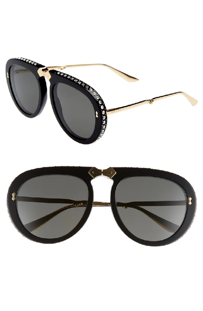 Shop Gucci 56mm Crystal Studded Aviator Sunglasses - Black/ Gold/ Grey