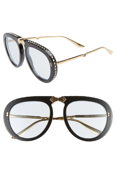 Shop Gucci 56mm Crystal Studded Aviator Sunglasses In Black/ Gold/ Light Blue