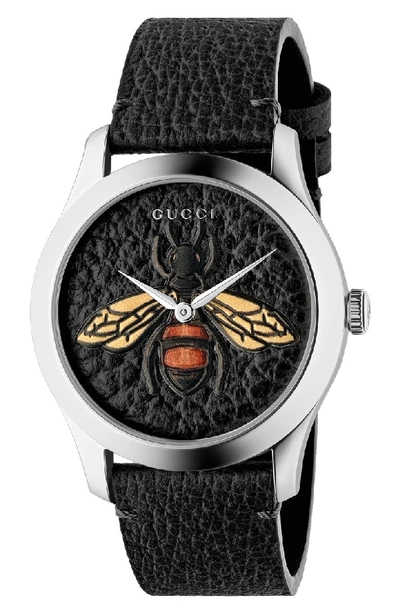 Shop Gucci G-timeless Leather Strap Watch, 38mm In Black/ Silver