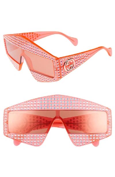 Shop Gucci 99mm Embellished Shield Sunglasses - Orange/ Crystal