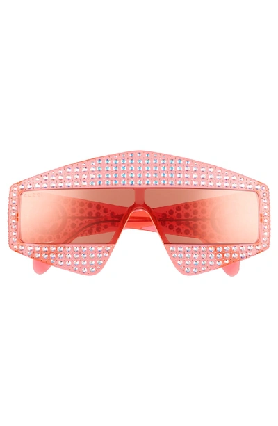 Shop Gucci 99mm Embellished Shield Sunglasses - Orange/ Crystal