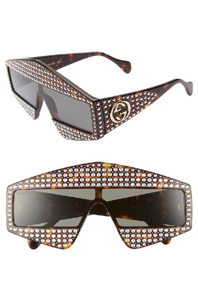 Shop Gucci 99mm Embellished Shield Sunglasses - Dark Havana/ Crystal