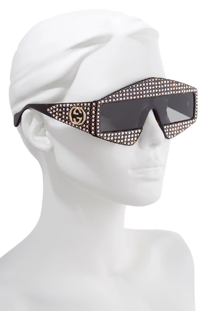 Shop Gucci 99mm Embellished Shield Sunglasses - Dark Havana/ Crystal