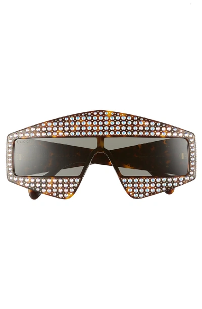 Shop Gucci 99mm Embellished Shield Sunglasses - Dark Havana/ Crystal