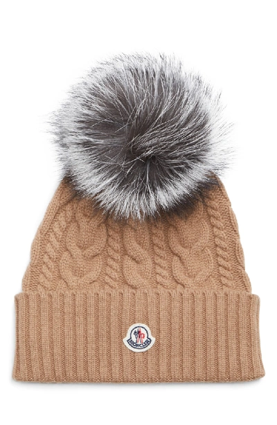 Shop Moncler Cable Knit Beanie With Genuine Fox Fur Pom In Military