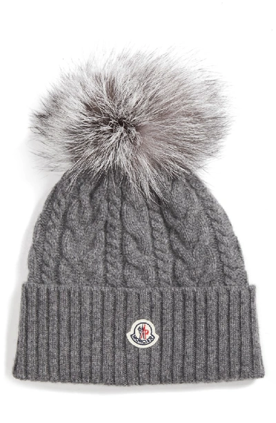 Shop Moncler Cable Knit Beanie With Genuine Fox Fur Pom In Grey