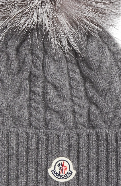 Shop Moncler Cable Knit Beanie With Genuine Fox Fur Pom In Grey