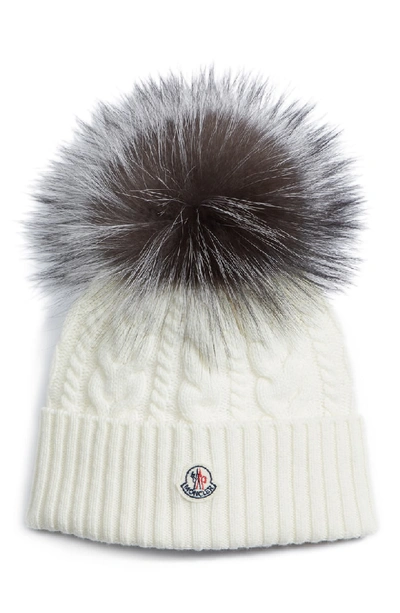 Shop Moncler Cable Knit Beanie With Genuine Fox Fur Pom - White