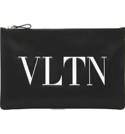 Shop Valentino Logo Graphic Flat Leather Pouch In Nero/ Bianco