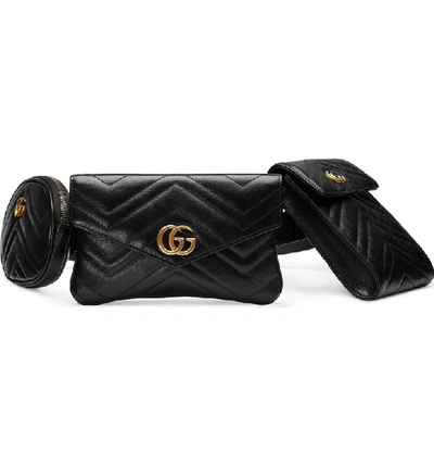 Shop Gucci Gg Marmont 2.0 Matelasse Triple Pouch Leather Belt Bag - Black In Nero/ Nero