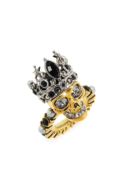 Shop Alexander Mcqueen Skull Queen Ring In Gold/ Black